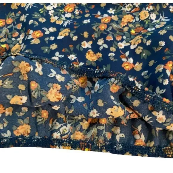 West K Top Women's XL Blue Floral Print Short Sleeve Faux Wrap Boho Peasant Boxy - Picture 15 of 16